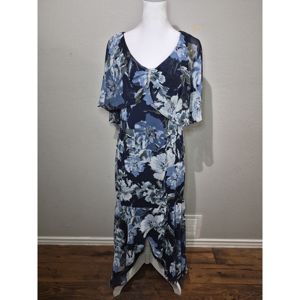 R&M Richards Size 6P Navy‎ Blue Floral High Low Chiffon Dress Evening Formal
